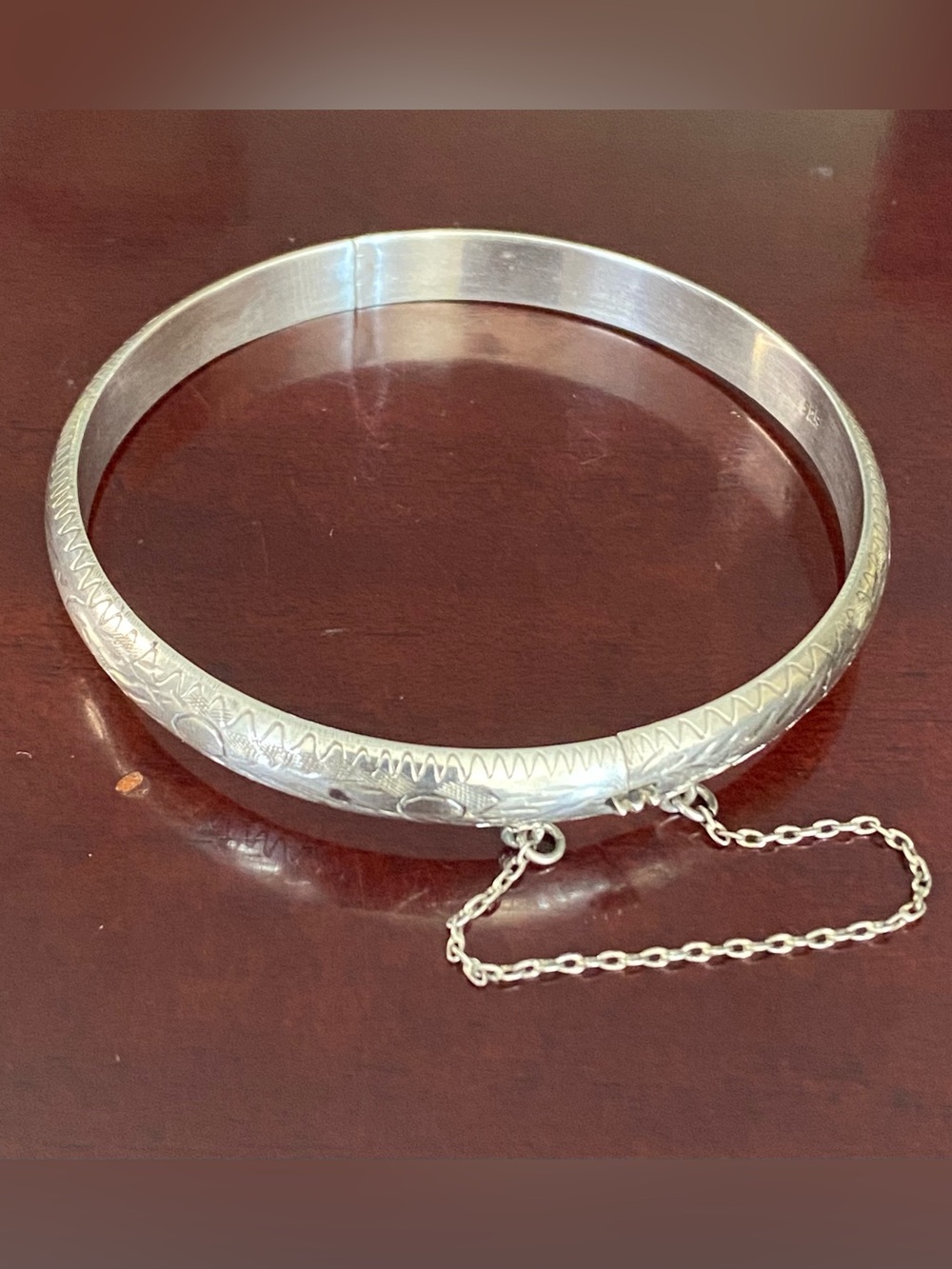 7.25” Vintage Etched Sterling Silver 925 Hinged Bangle Bracelet w/ Safety Chain